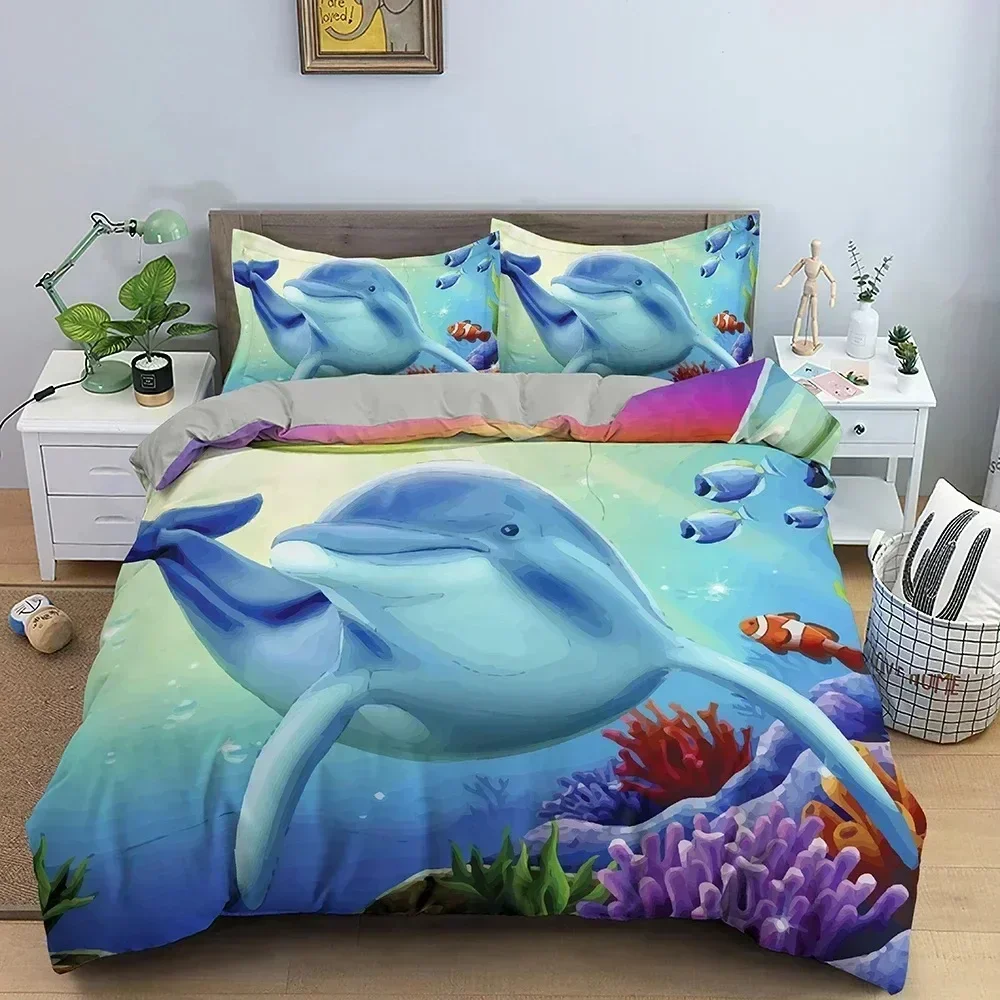 3D Dolphin Bedding Set Cute Animals Duvet Cover With Pillowcase Bedroom Printed Comforter Covers Twin Full King Home Textile