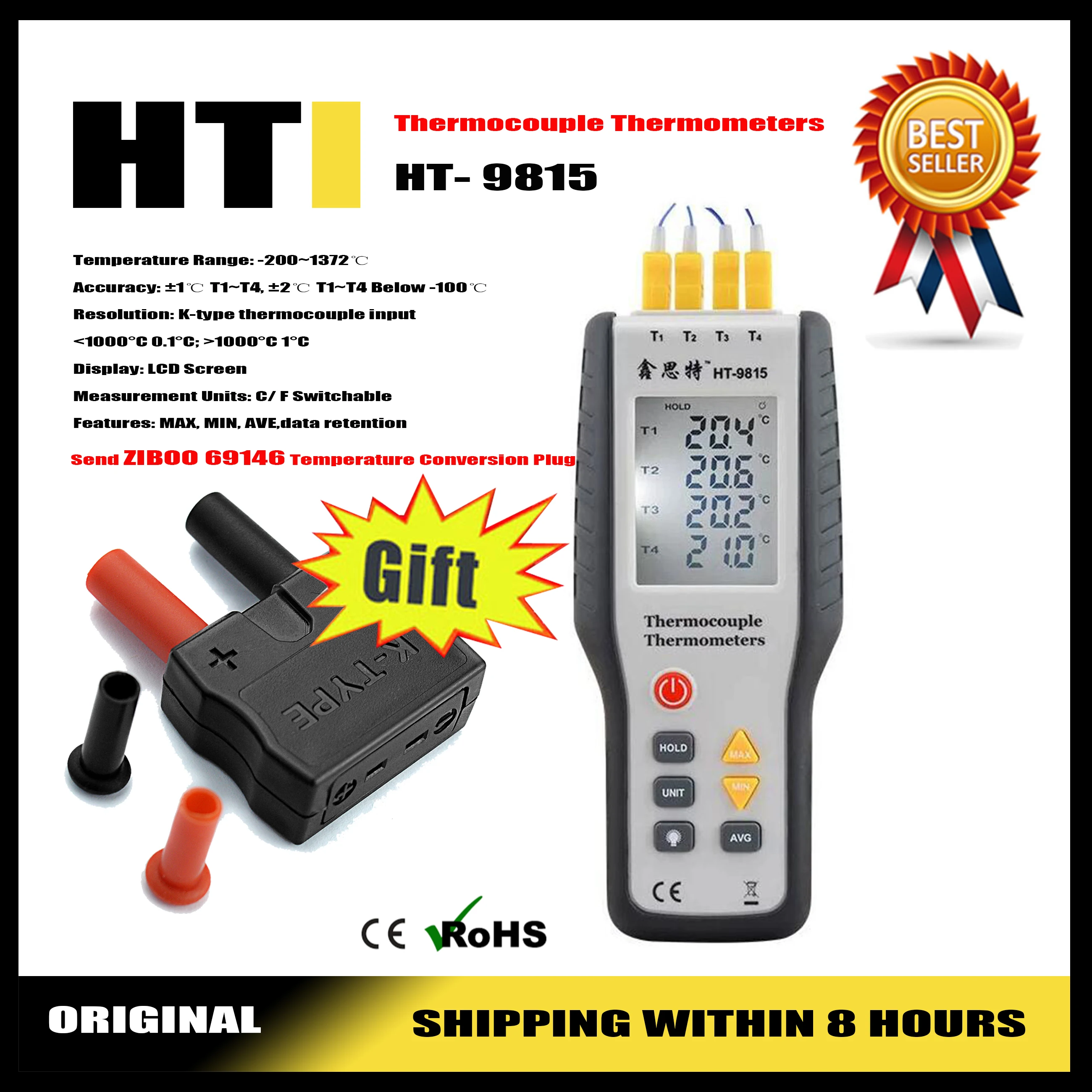 HTI HT-9815 Contact Thermometer Digital Thermocouple Temperature Tester Thermometer LCD Screen Display C/ F Measuring Tools ﻿