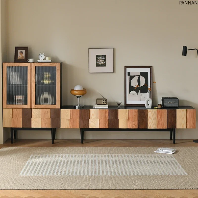 minimalist TV combination cabinet with black walnut solid wood carving and color matching, living room audio-visual cabinet