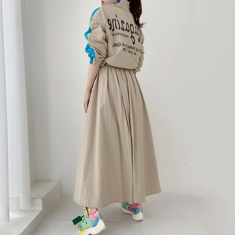 Chic Spring Personalized Letter Print Color Blo ort Jaet High Waist ket Maxi Skirt Set Faionable A-Line Skirt