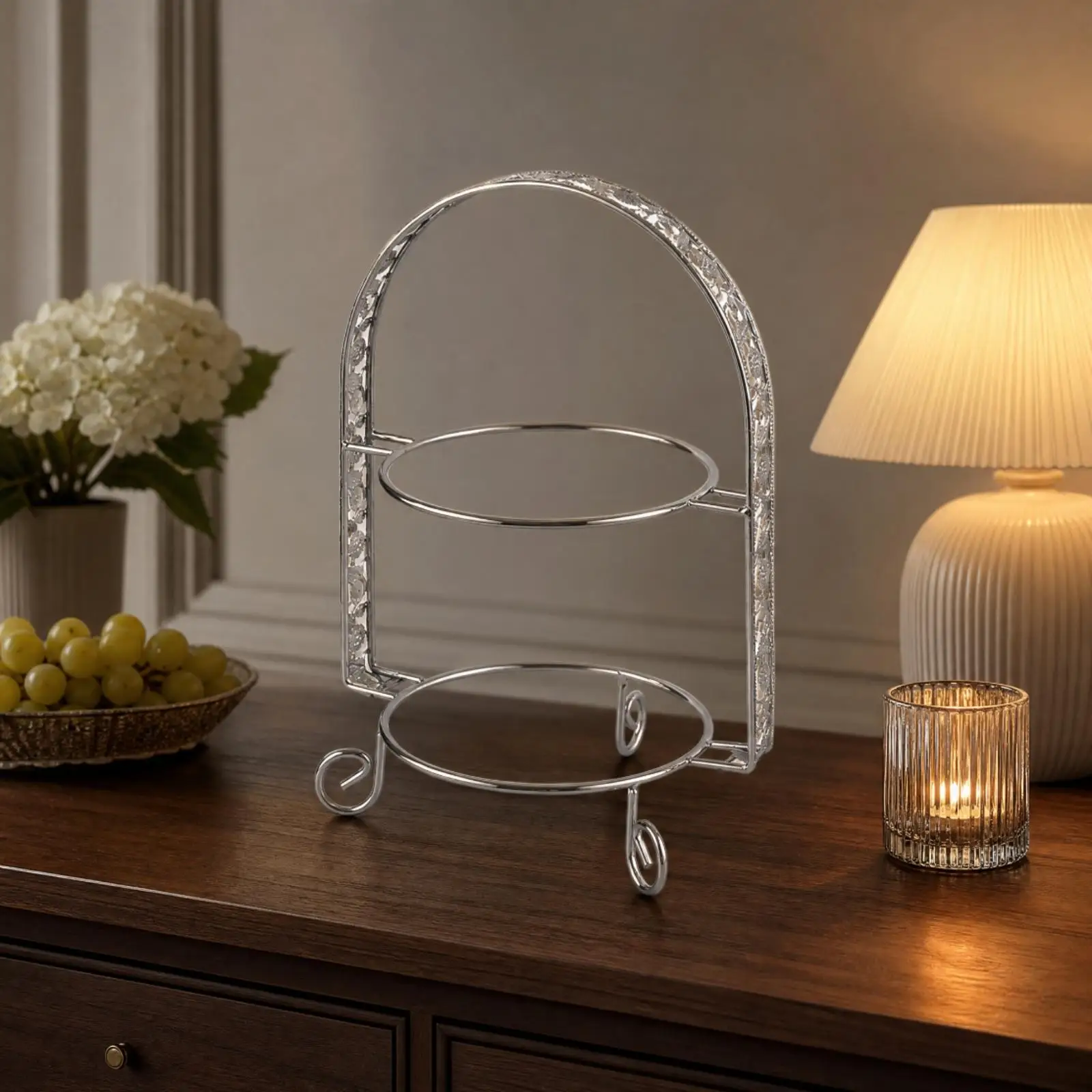 Refined Vintage Style Cake Rack Stand with Patterned Side Rails for Serving Desserts to Guests