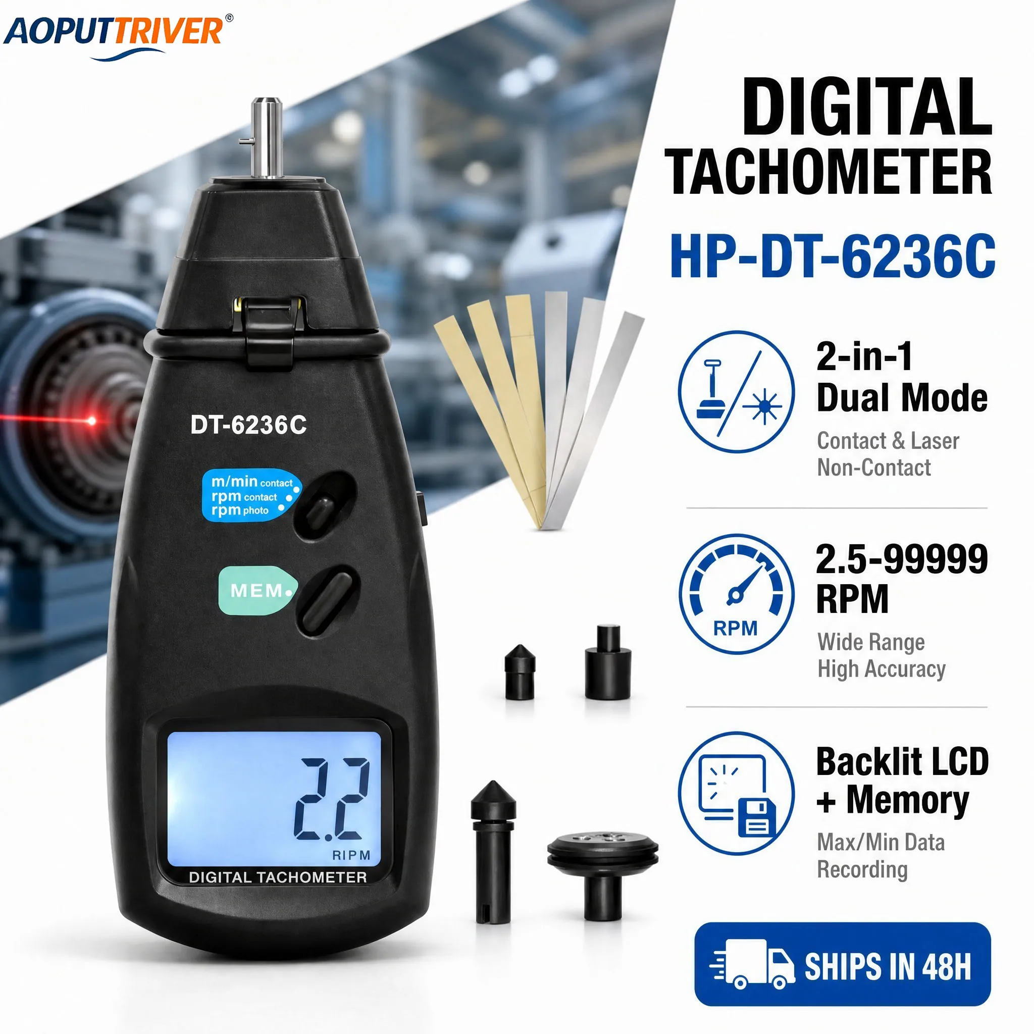Digital Photo Tachometer 2.5-99999 RPM Laser Non-Contact Tach RPM Meter LCD Memory Handheld Speed Gauge Length Measuring Tool