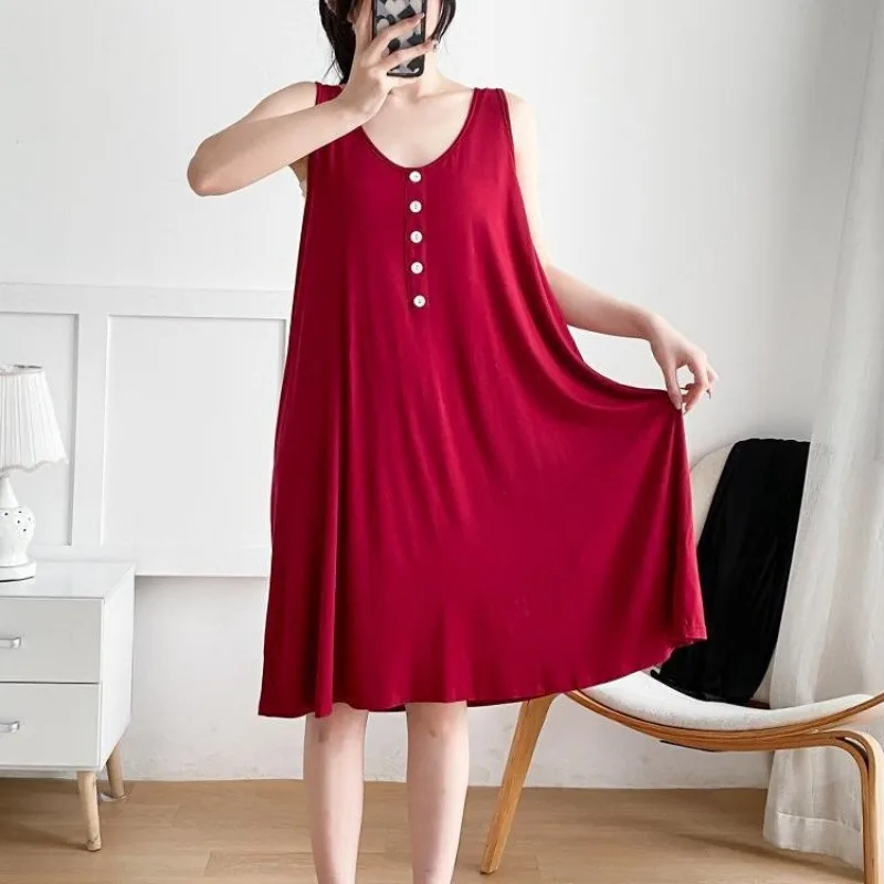 150kg 3XL Plus Size Summer Loose Thin Loungewear Home Dress Pajamas Women\'s Korean Version Solid Sleeveless Vest Soft Nightgown