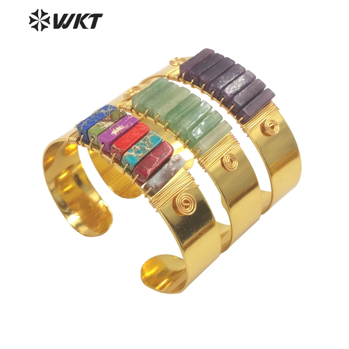 

WT-B607 Wholesale fashion resist tarnishable gold electroplated women cuff bangle natural wire wrapped stone bangle