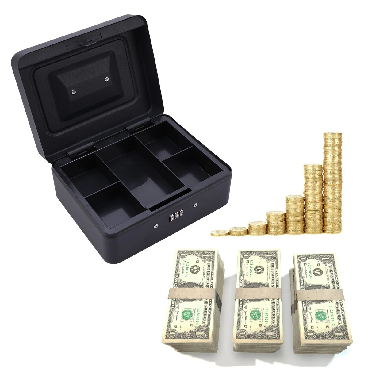 Heavy Duty Metal Cash Box Black Thicken Security Code Safe For Cash Coins Keys Jewelry Storage Retail Hotel Use