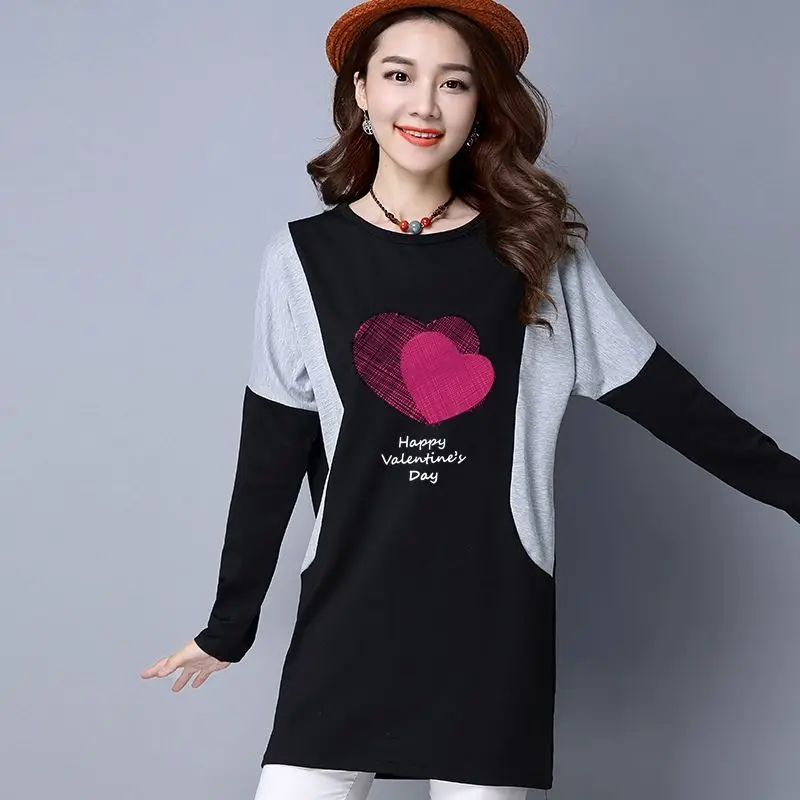 Women New Contrast Letter Printing Tops Tees Long Sleeve O-Neck Patchwork Loose All-match T Shirts Vintage Casual Clothing