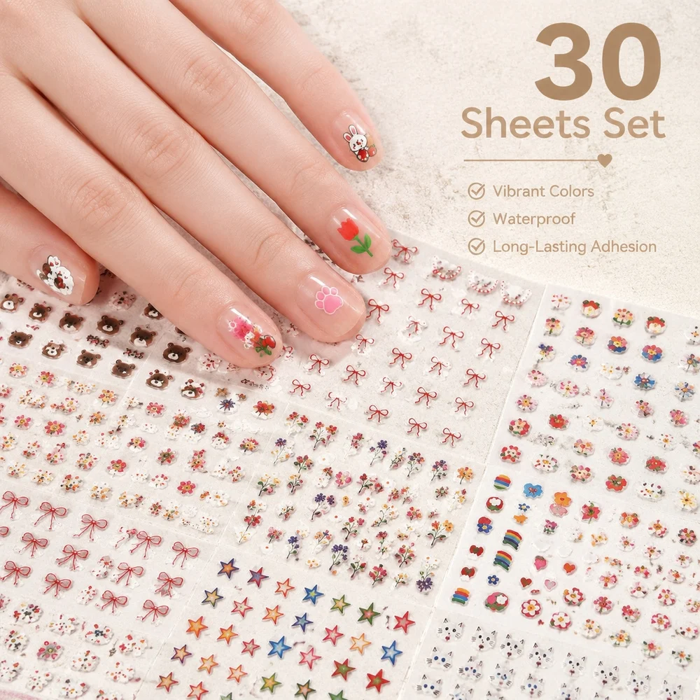 30Pcs All‑in‑One Nail Art Sticker Kit Sweet Flower Bow Heart Cute Animal Adhesive Sliders For Beginner Manicure Making Supplies