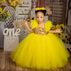 Yellow Pearls Flower Girl Dresses Customized Sequined Kids Birthday Gowns Photos Shoot for Party Wear
