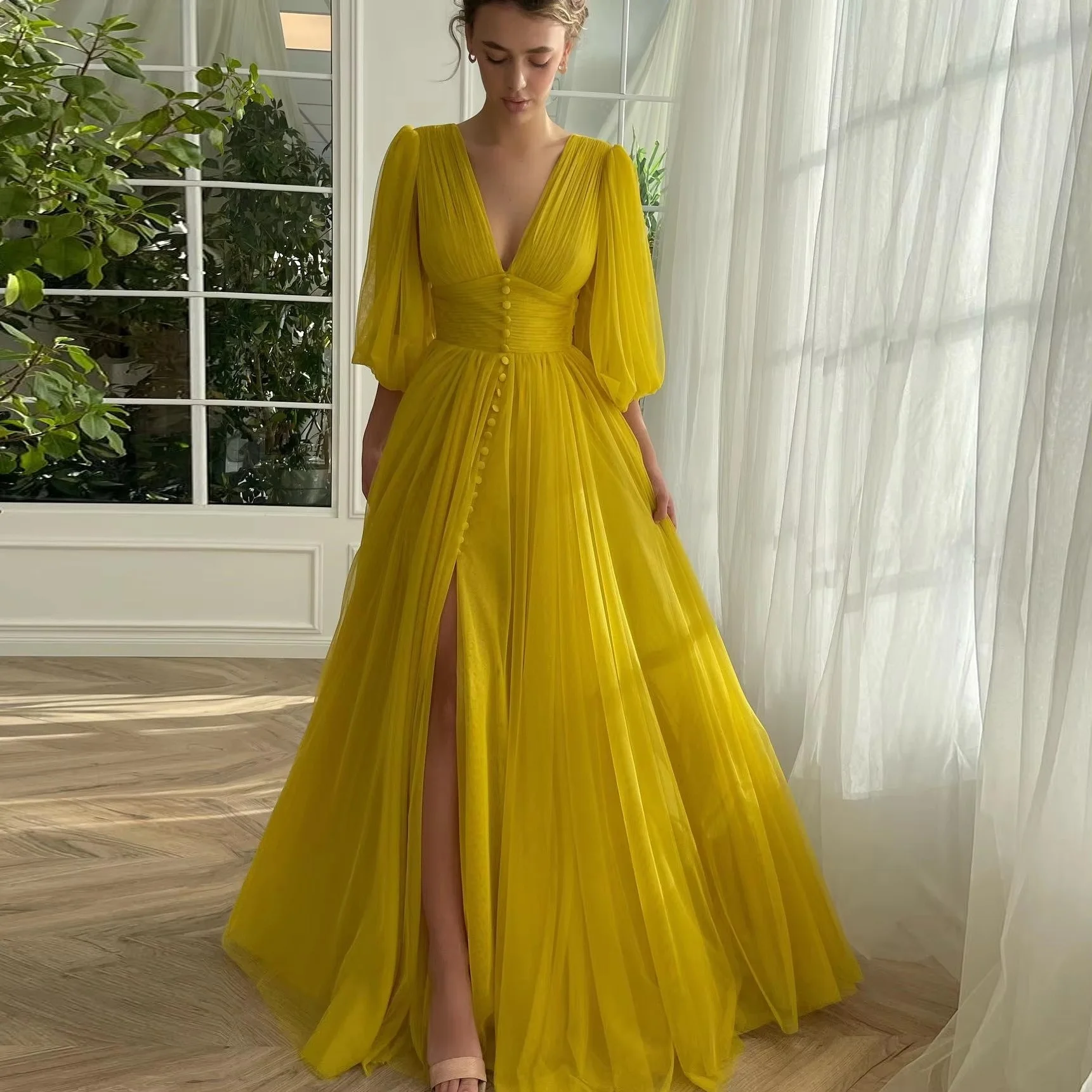 Women Elegant Floor Length Tulle Dresses Deep V Neck Puff Half Sleeve Ruched Waist Side Slit A Line Formal Wedding Guest Dresses