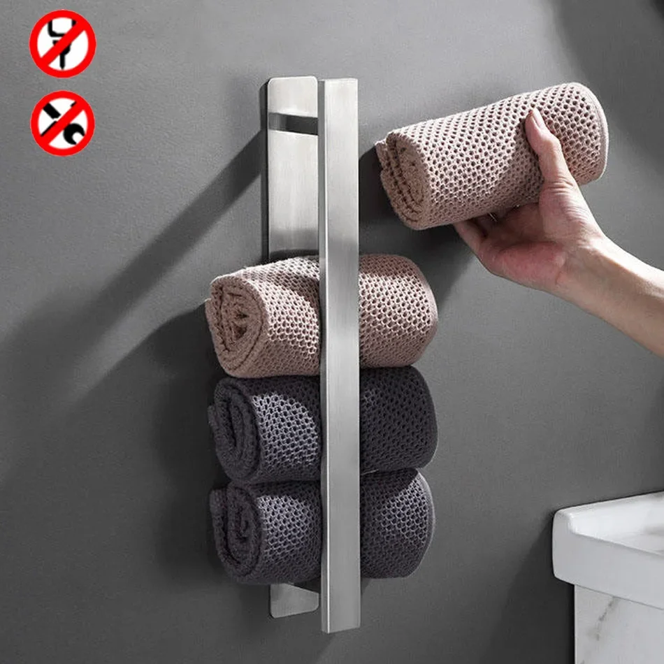 304 Stainless Steel Towel Bar Adhesive Free Punching Wall Mounted Brushed Kitchen Bathroom Towel Rack Shelf Bar Bathtowel Hanger