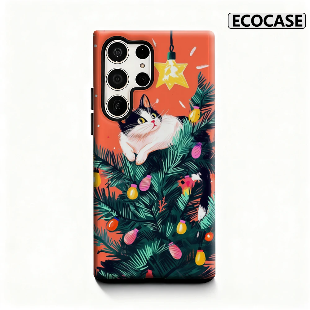 Whimsical Christmas Cat Tree Phone Case for Samsung Galaxy S25 Ultra S24 S23 Ultra Plus Glossy Double-layer Back Cover