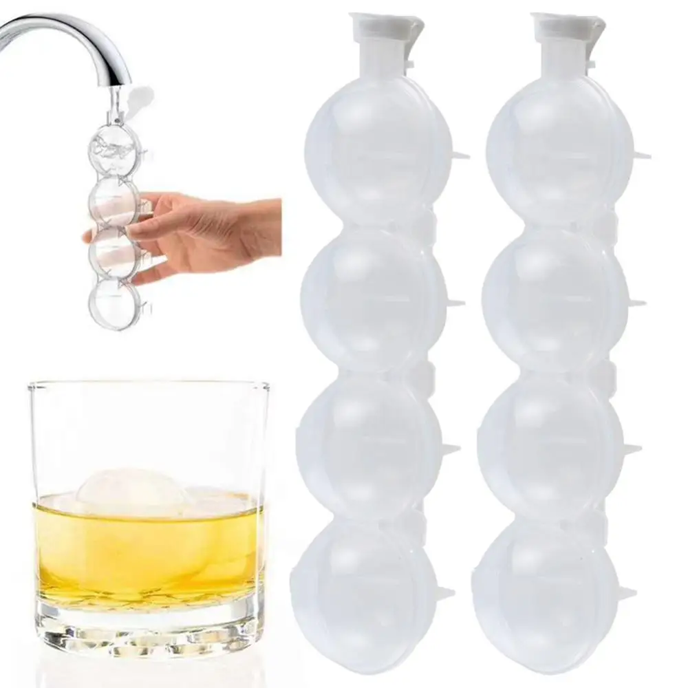 New 4 Cavity Homemade Round Ball Ice Mold DIY Ice Cream Maker Plastic Ice Mould Whiskey Ice Tray Bar Tool Kitchen Accessories