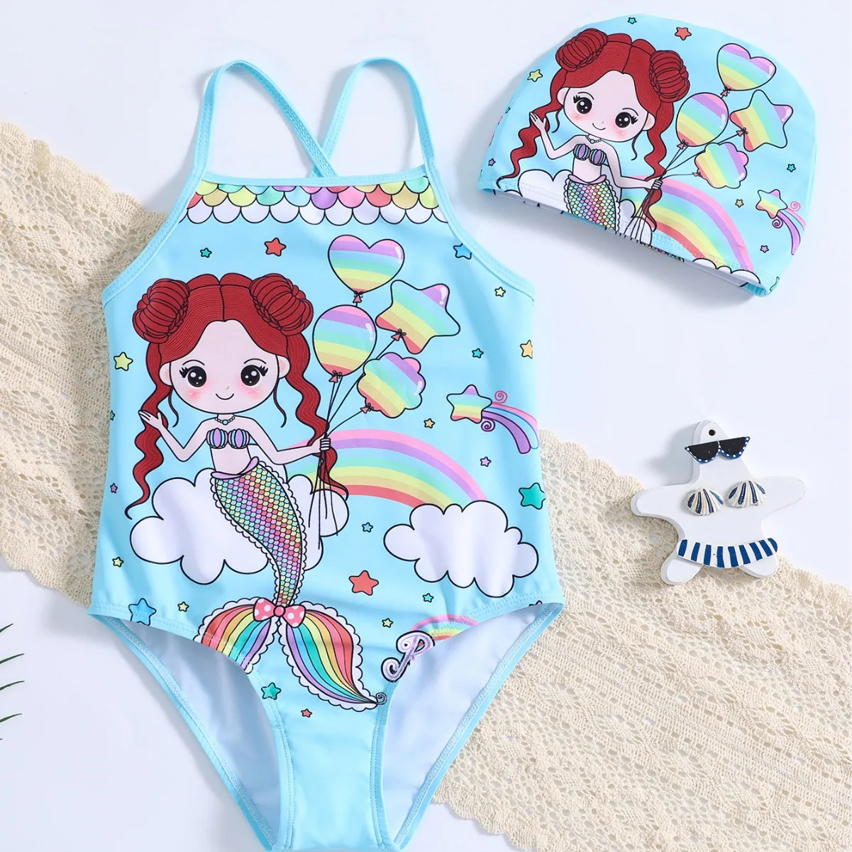 Baby one piece swimsuit with rainbow mermaid print,cross strap with swim cap,suitable for seaside and pool play