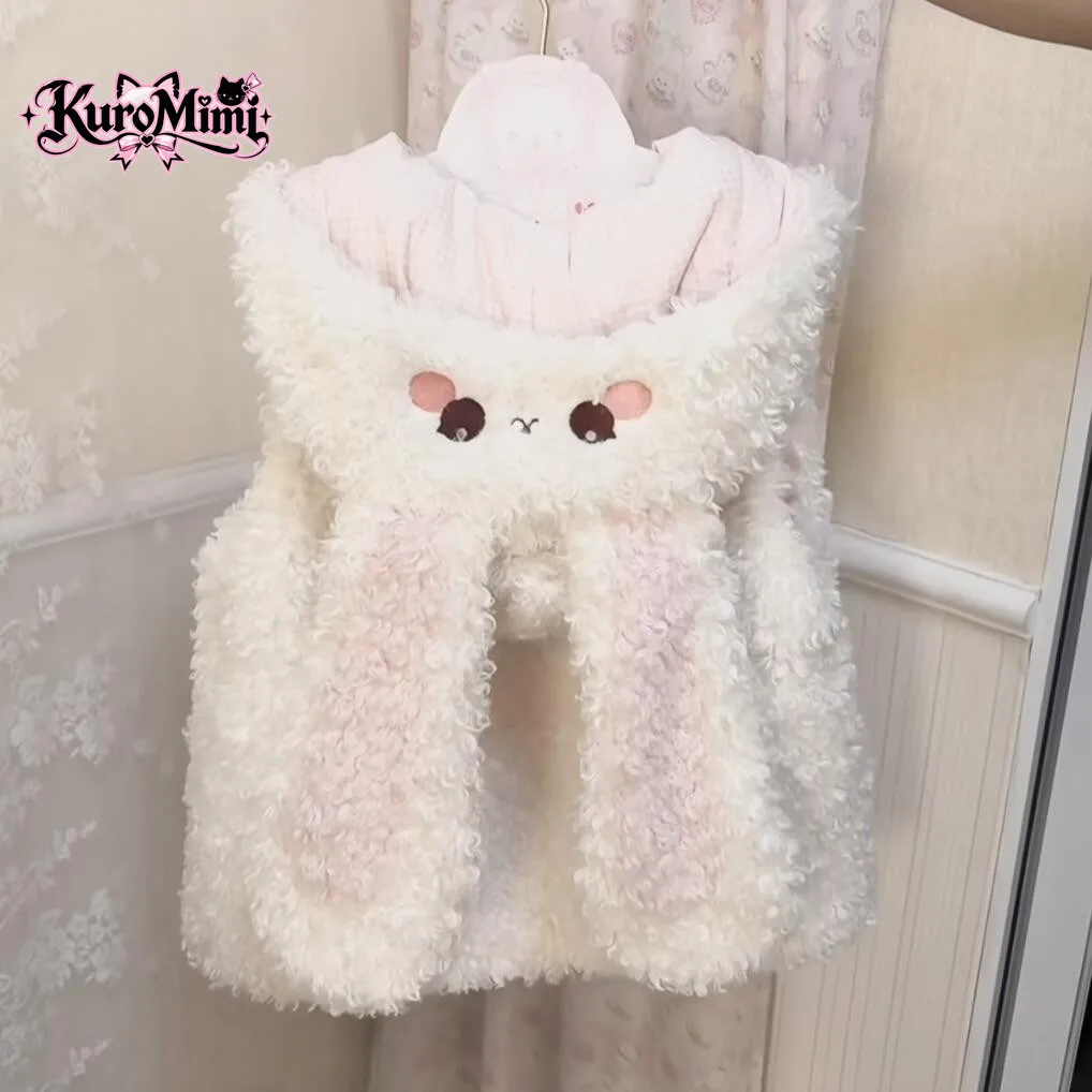 Cute Kawaii Harajuku Soft Girl Rabbit Ear Fuzzy Fleece Quilted Puffer Vest Coat Women Thick Warm Loose Fit Casual Winter Outfit