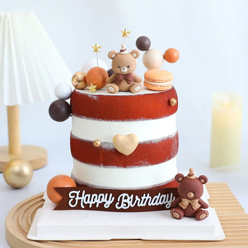 Brown Bow Bear Doll cake topper Earth Color Foam Ball Happy Birthday Cake decorazioni Baby Shower Lovers forniture per feste di matrimonio