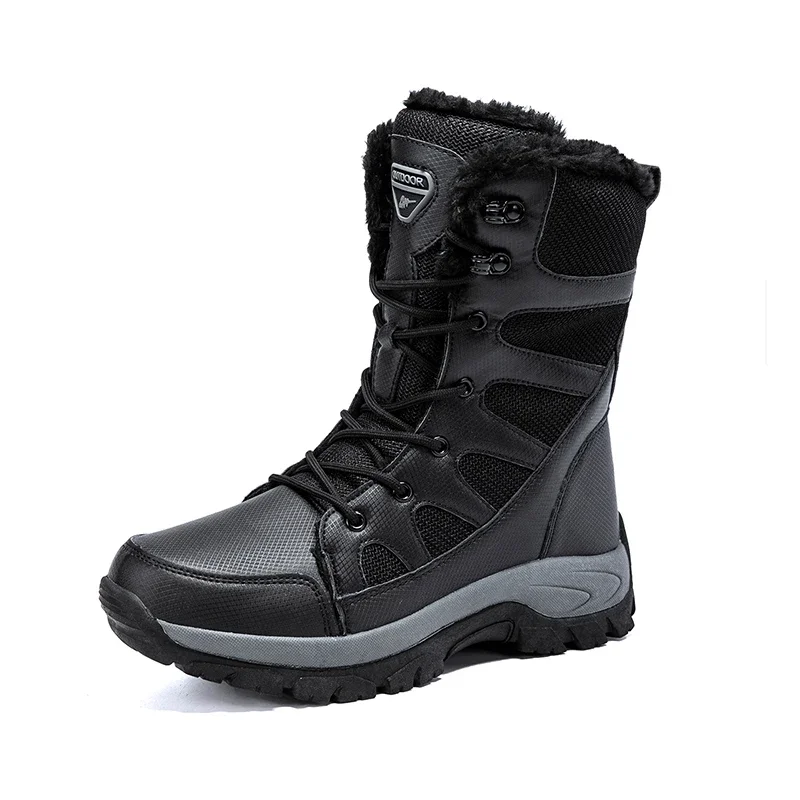 Botas de neve de pelúcia masculina, renda, top alto, ao ar livre, impermeável, antiderrapante, tornozelo, motocicleta, quente, inverno, novo