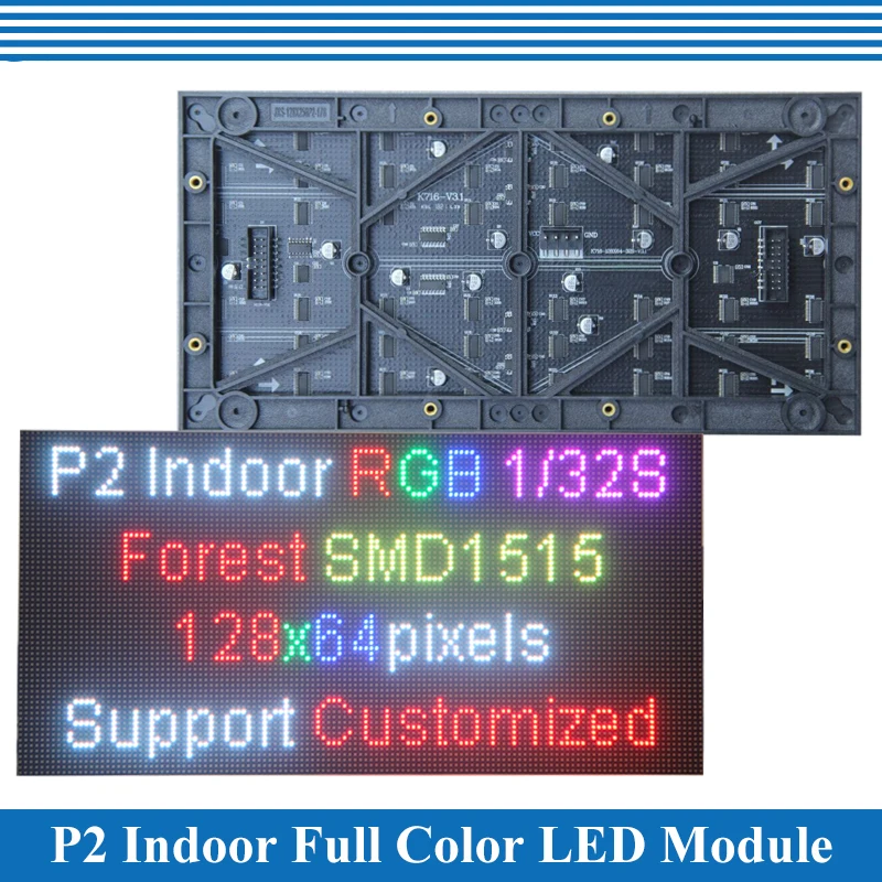 P2 LED módulo de painel de tela, cor cheia, interior, 3in 1, SMD, 256*128mm, 128*64 pixels, 1/32 digitalização
