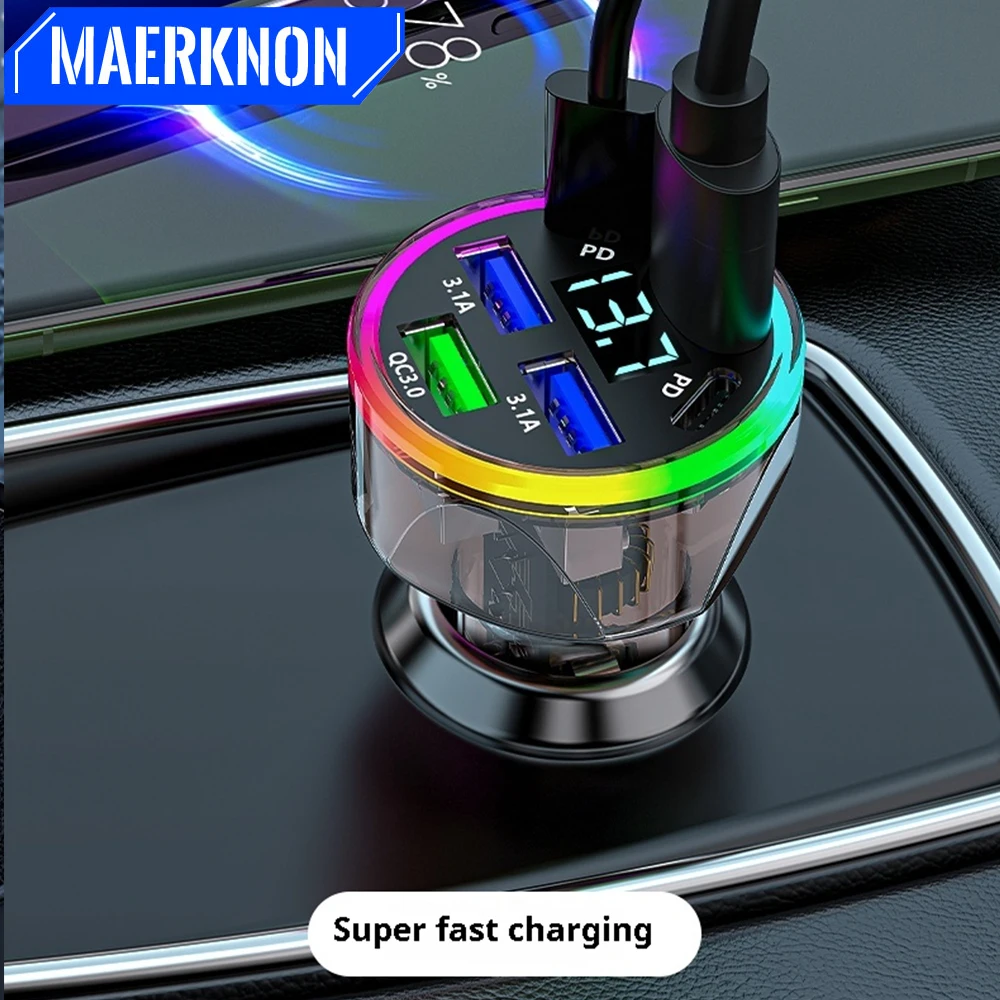 6 Ports USB Car Charger USB Type C Fast Charging Digital Display USB Phone Charger Adapter Quick Charge Socket Cigarette Lighter