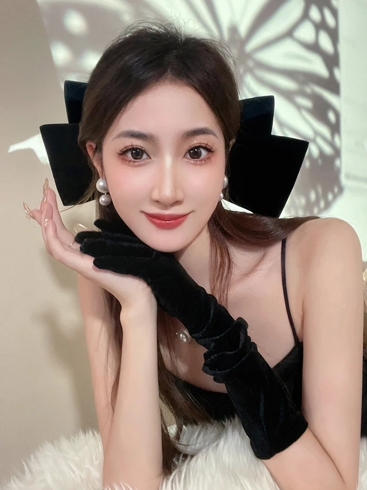 Vintage Black Big Large Velvet Bow Hair Clip For Women Girls Wedding Long Ribbon Korean Hairpins Barrette Hair Accessories