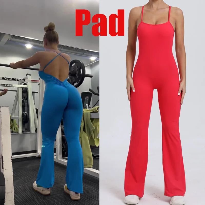 New Pad Nylon One Piece Jumpsuit Skinny Yoga Set Scrunch Flared Trousers Breathable Women Adjustable Shoulder Strap Exercise