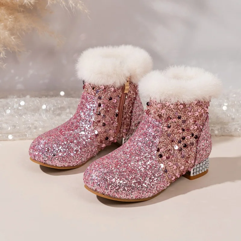 Girls Autumn Winter Fleece Thickened Sequined Plush PU Leather Boots Children Non-slip Soft Sole Warm Boots Fashion Boots Kids