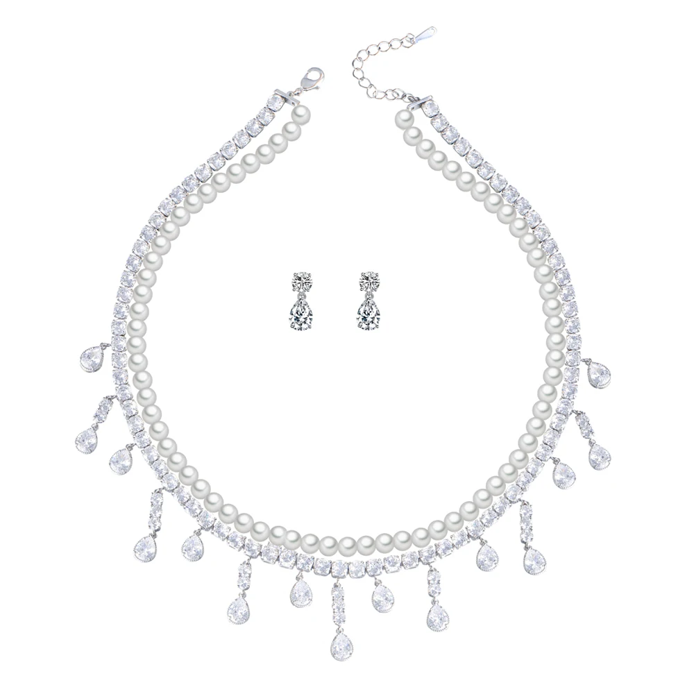 

ThreeGraces Luxury Shiny Water Drop Cubic Zirconia Double Layers Bridal Wedding Simulated Pearl Jewelry Set for Women T1000