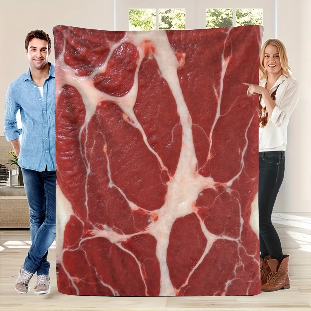 Steak Meat Blanket Realistic Beef Print Fleece Throw Kitchen Decor Gift for Meat Lovers BBQ Cooking Theme Home Bedding Cozy