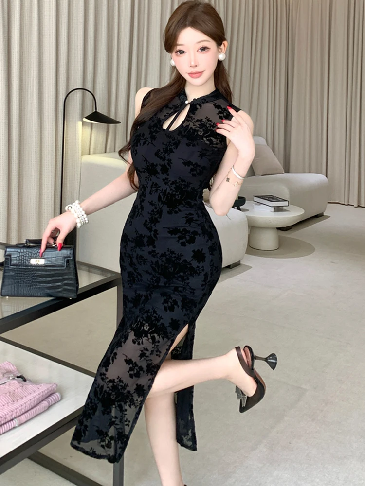 المرأة الكورية خمر مهرجان هيبورن فستان الخريف الشتاء الأسود الجاكار أكمام فستان مثير 2025 فستان سهرة فاخر أنيق