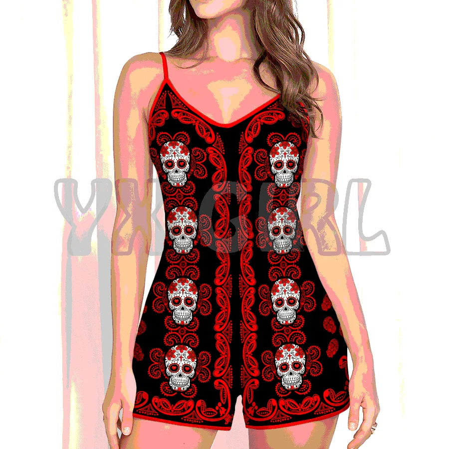 YX GIRL SUGAR SKULL RED PATTERN   3D All Over Printed Rompers Summer Women's Bohemia Clothes