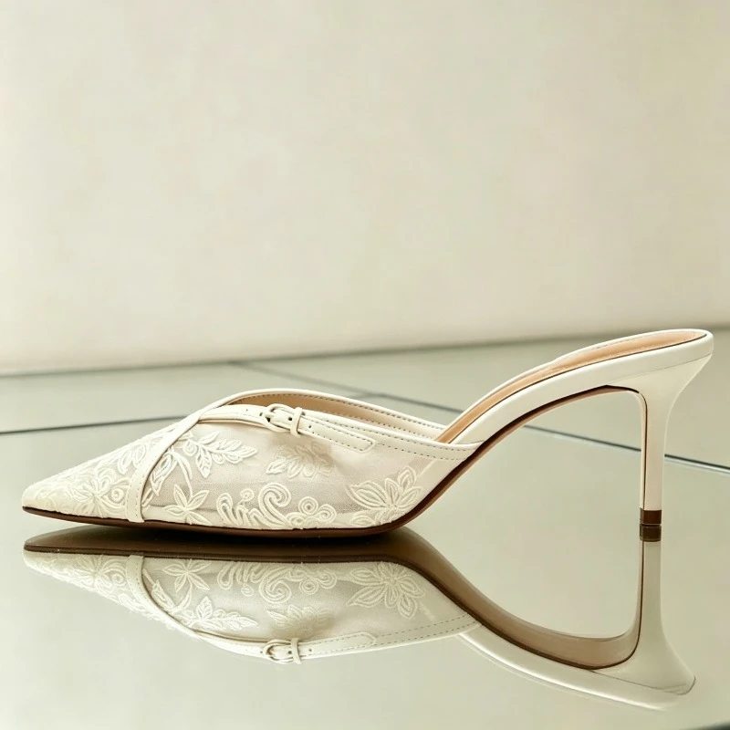

Breathable Pointed-toe High Heels Ladies Summer 2026 Designer Wedding Slippers Embroidery Mesh Top with Backless Women Sandals