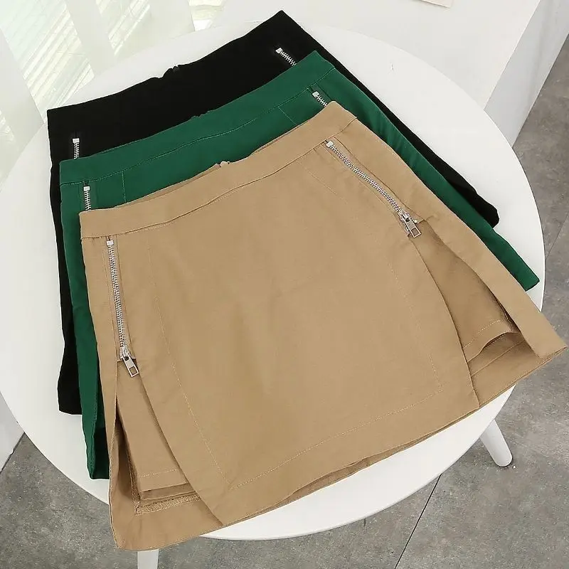 Fake Two Piece Zipper Patchwork Shorts Skirts Spring Summer Elastic Waist Street Casual Shorts Fashion Vintage Women Clothing