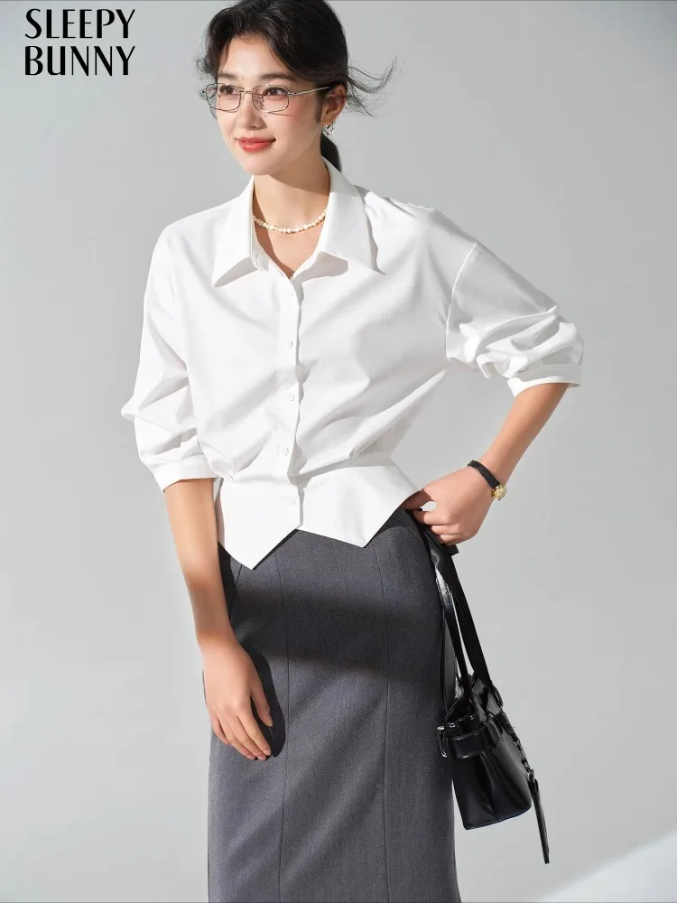

White Collared Shirt Women 3/4 Sleeve Slim Fit Blouse French Waist Cinching Office Top Elegant Commuter Button Down for Workwear