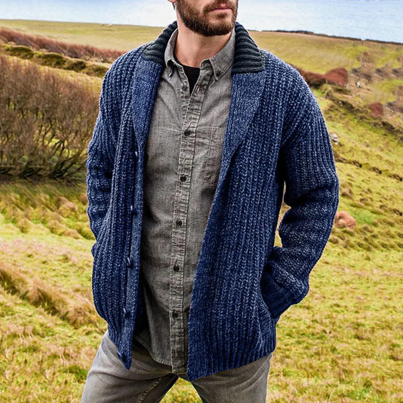 Men's Winter Cardigan Sweater Solid Shawl Collar Cardigan Sweater Button Down Cable Knitted Sweater Casual Coat Male's Clothing