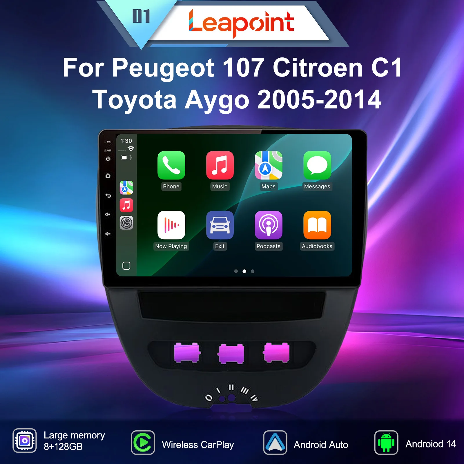 

Leapoint Android14 Wireless Carplay Multimedia For Peugeot 107 Citroen C1 Toyota Aygo 2005-2014 Car Radio 4G WIFI GPS Navigation
