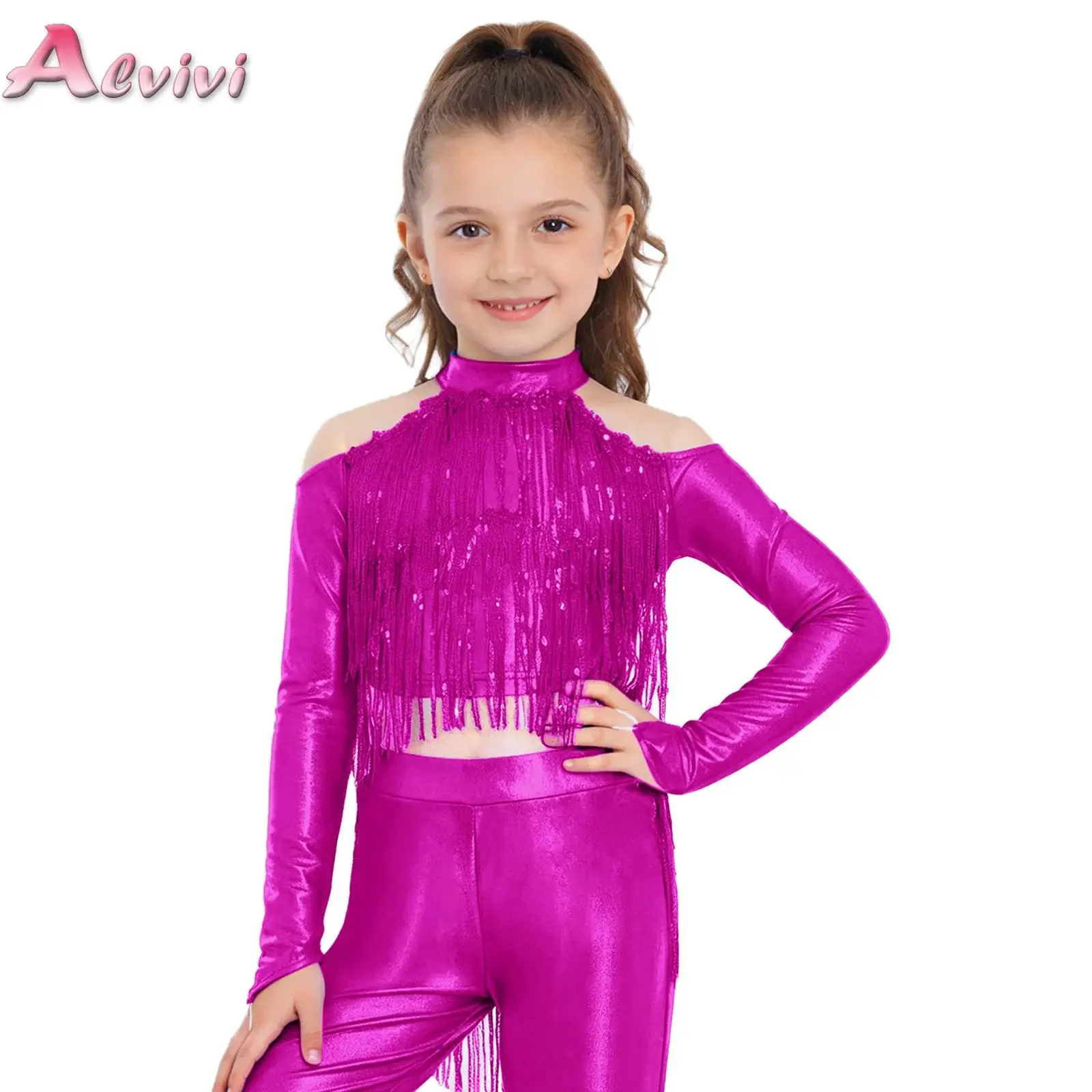 

Kids Girls Sequin Tassels Crop Top Hiphop Jazz Dance Stage Performance Costume Cold Shoulder Long Sleeve Metallic Party T-shirts