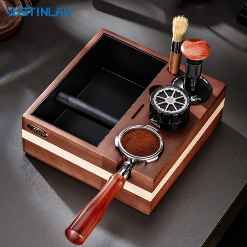 JUSTINLAU Wood Espresso Tamper Station Set Portafilter Stand Knock Box Coffee Distributor Brush&Puck Screen Storage Organizer