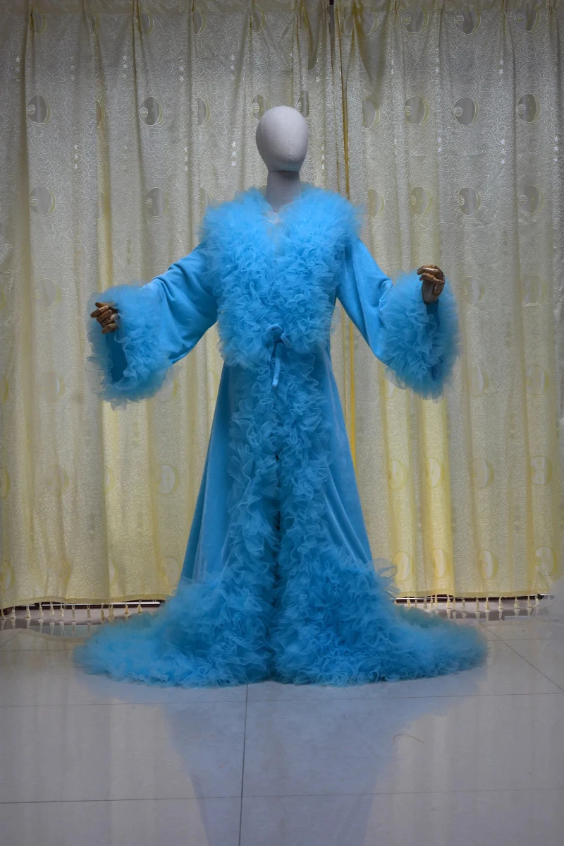 

Velvet long sleeved jacket Fluffy ruffled tulle edge V-neck drag queen long jacket, wedding party, Christmas cloak custom color