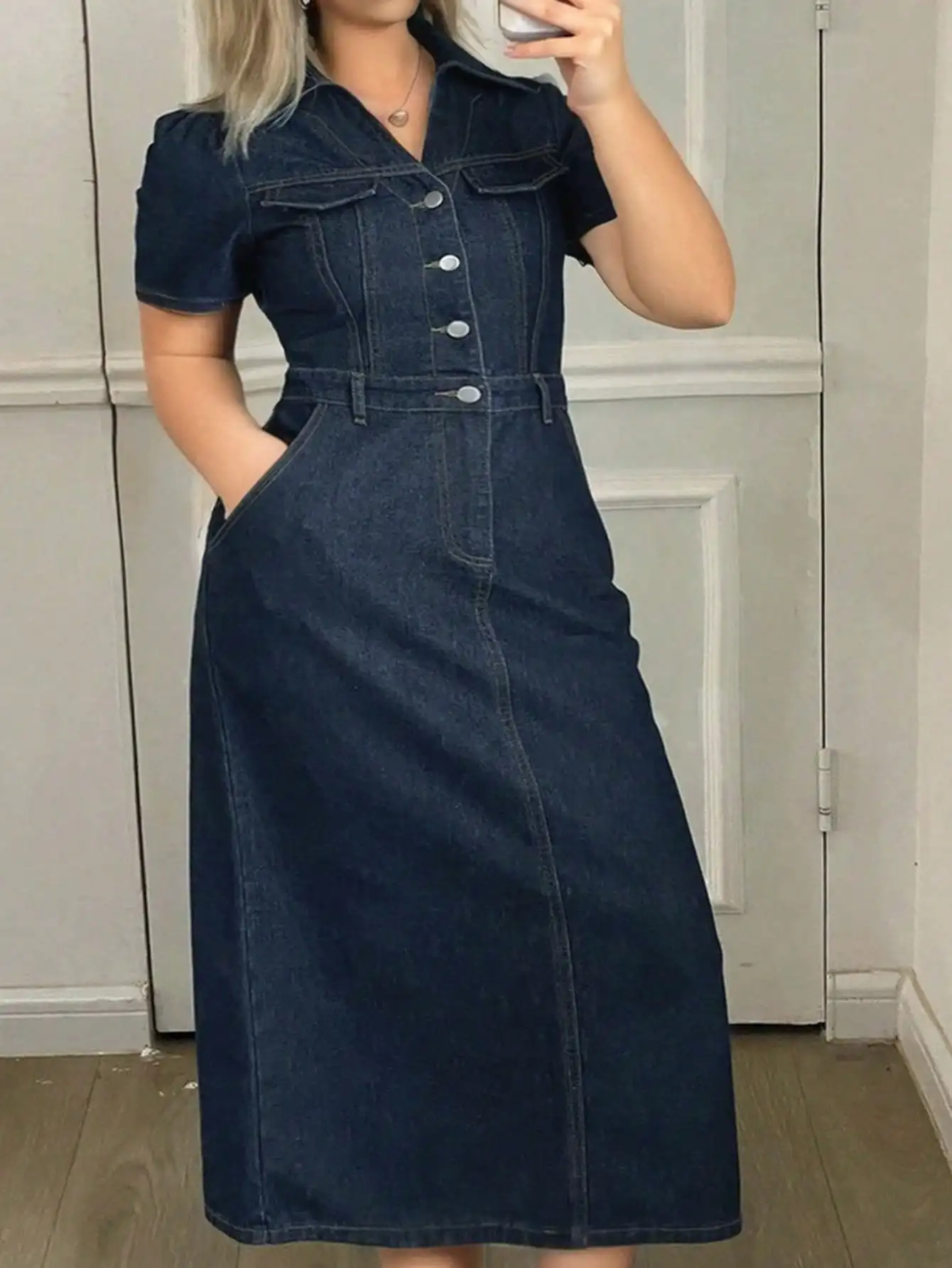 

Dark Wash Short Sleeve Button-Front Denim Maxi Dress with Pockets