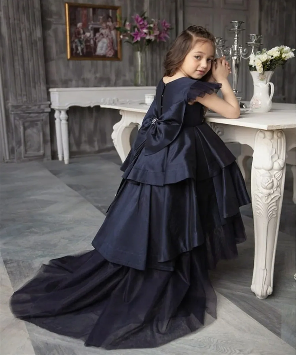 

Cute Flower Girl Wedding Dress Fluffy Tiered with Bow Little Princess Birthday Party Evening Dress First Communion Gown