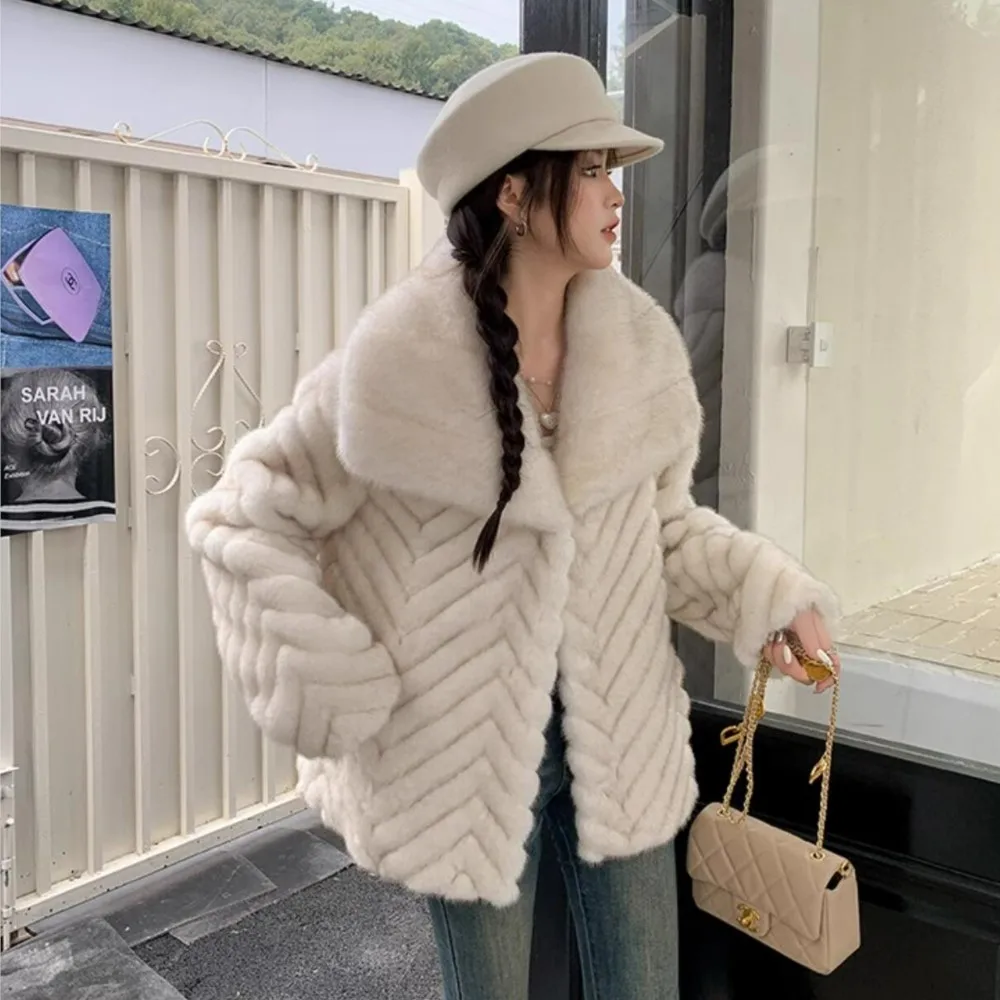 Winter Creamy-white Embossing Wave Strip Pattern Faux Mink Fur Coat CHIC Women Large Lapel Full Sleeve Loose Outerwear