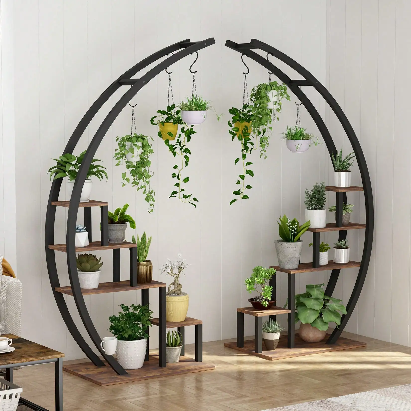 5 Tier Tall Metal Plant Stand Indoor, Half Moon Shape Garden Plant Holder, Round Flower Shelf Rack With 6 Hanging Hooks For Home Balcony Living Room Garden Decor, Black (2 Pack) Outdoor Decor