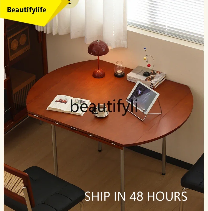 

smt1 Solid wood folding round table household retractable small apartment dining table Nordic retro square and round dual-purpos