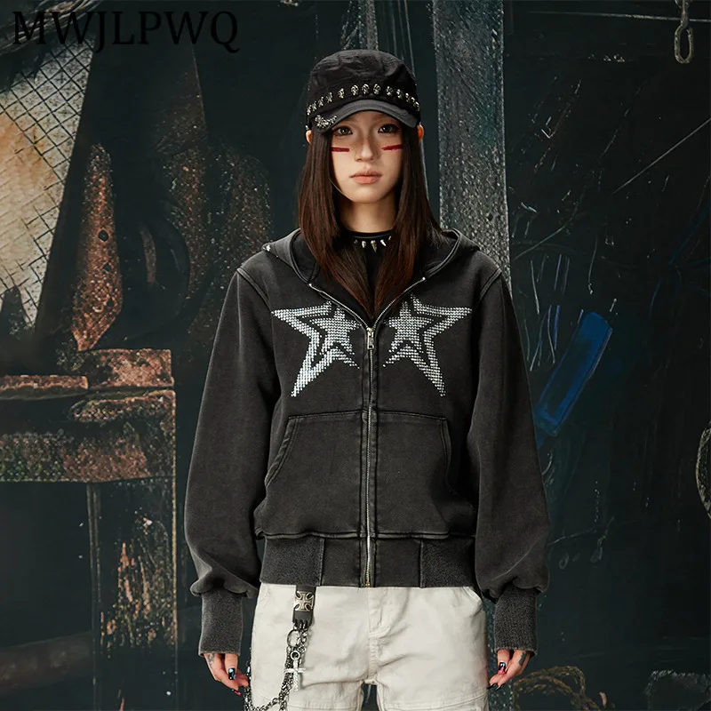 

MWJLPWQ Women's New Washed Rhinestone Prrinted Design Short Sweatshirt High Street Slim Fit Hooded Zipper Casual Tops 13298