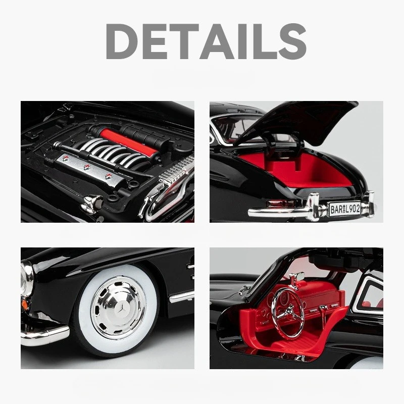 1:24 مرسيدس بنز 300SL سيارة كلاسيكية سبيكة سيارة نموذج الصوت والضوء التراجع لعبة أطفال المقتنيات هدية عيد ميلاد