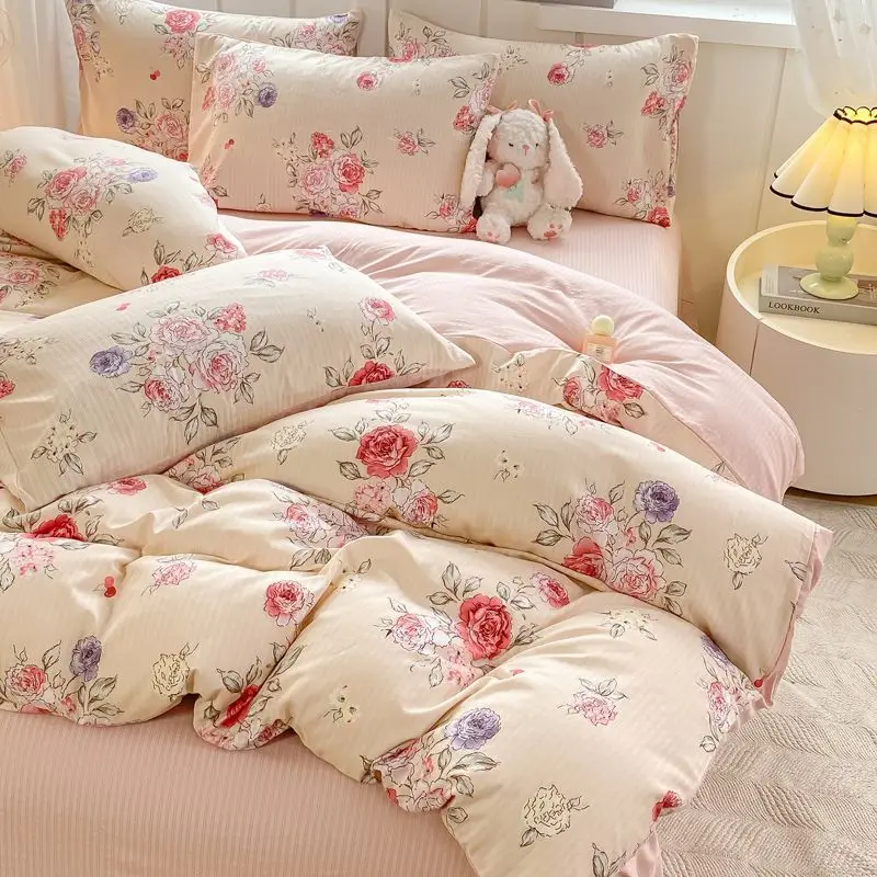 Galsang Flowers 4-Piece Bedding Set - Skin-Friendly Double-Layer Yarn, Instagram Style Sheets + Duvet, Dormitory/Family Use (Bre