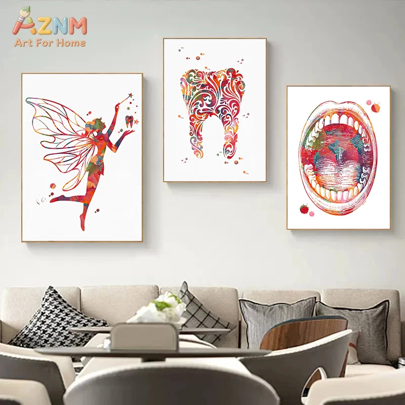 AZNM Watercolor Dental Art Frameless Canvas Wall Art, Tooth Fairy Anatomy Prints, Dentist Office Clinic Decor, Unframed Canvas P