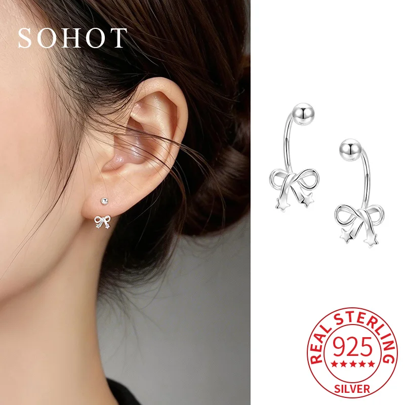 Real 925 Sterling Silver Exquisite Hollow Bowknot Star Stud Earrings for Elegant Women Fine Jewelry Light Luxury Accessories