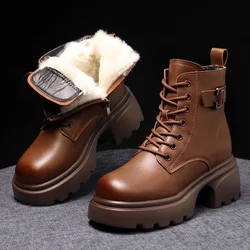 2025 Plush Snow Boots Female Winter Leather Cotton Shoes for Women Thickened Bottom Ladies Ankle Boots Padded Warm Cotton Shoes