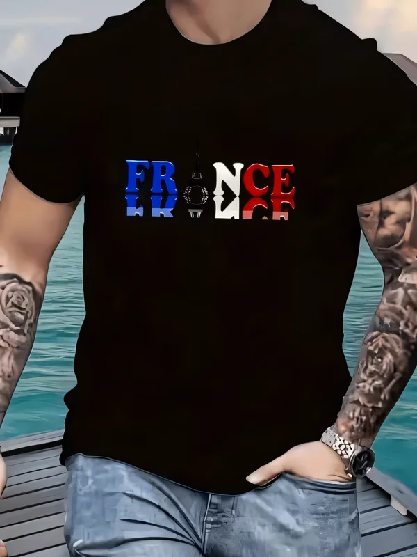 Men's Summer Casual France Flag Letter Print Short Sleeve T-shirt, Hip Hop Streetwear Denim Jeans Outfit with Tattoos, Lakeside Pier Background Outdoor Photography Style Tee