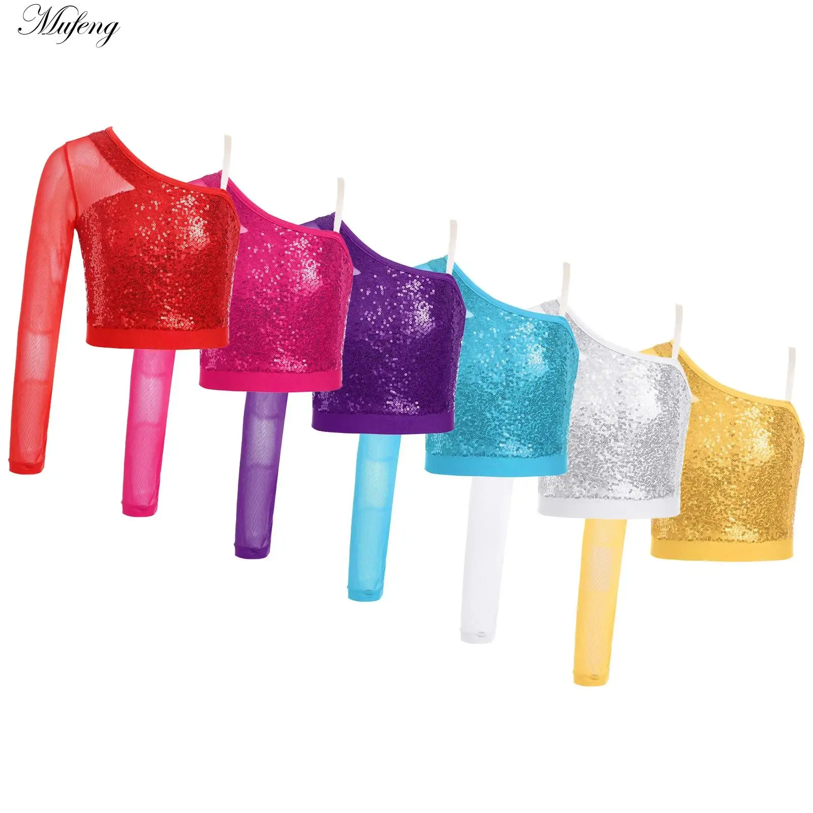 Kid Girls Shiny Sequin Hip Hop Jazz Crop Top Stage Cheerleading Performance Dance Costume Sheer Mesh One Shoulder Tank Top